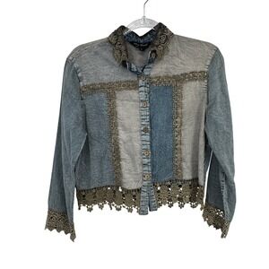Young Threads Womens Patchwork Denim Jacket Blue Grey Crochet Lace Trim Small